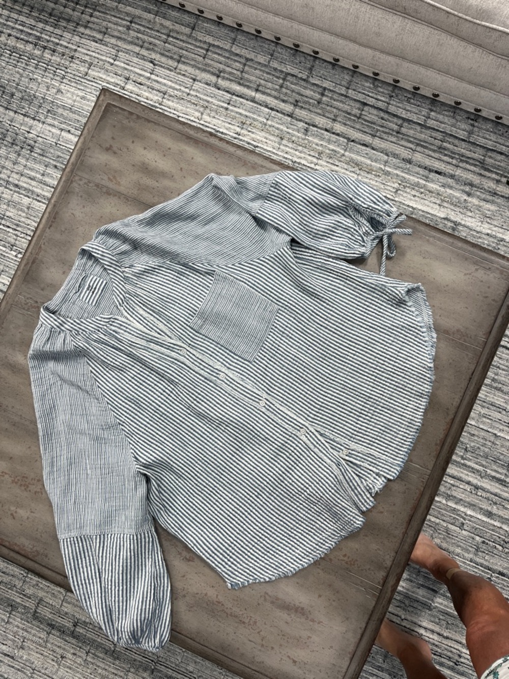 AERIE Blue & White Striped Button-Front Top